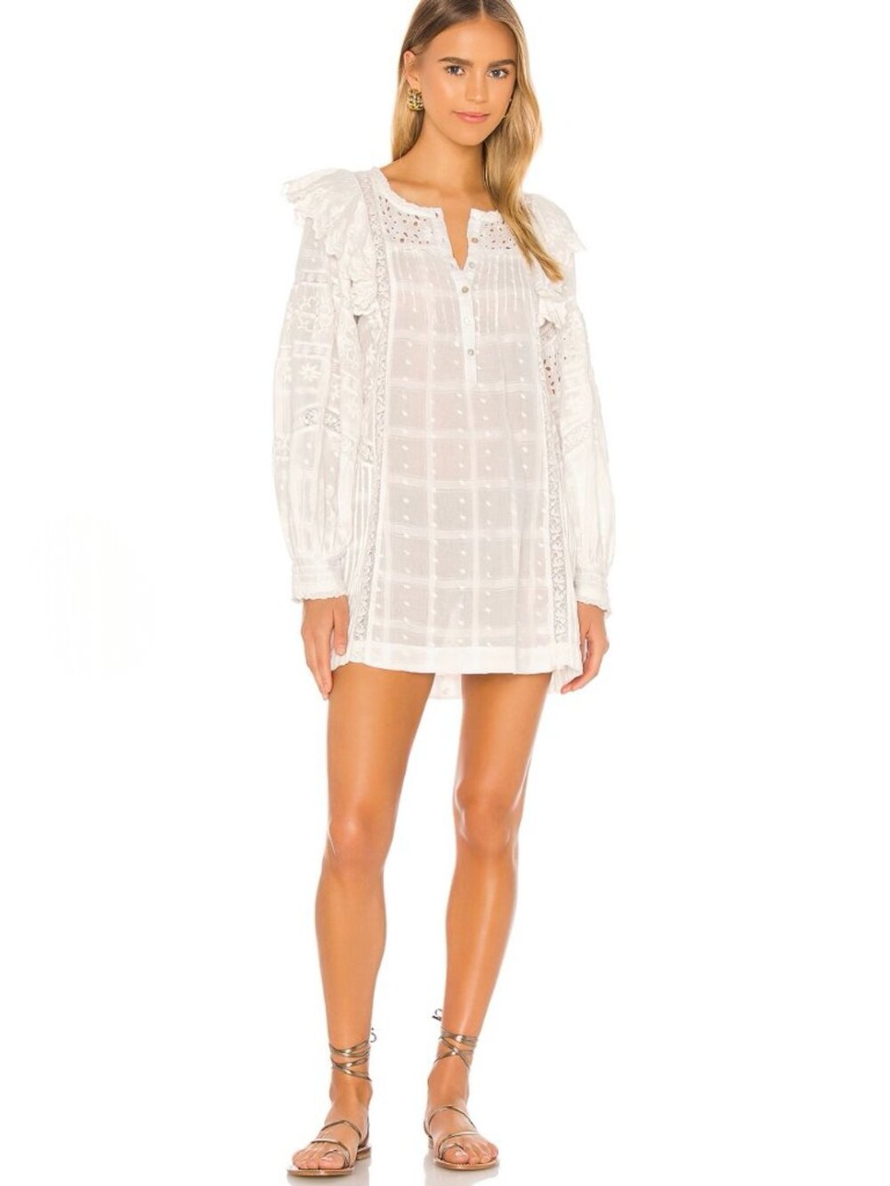 LoveShackFancy Baxter Dress XS White Cotton Lace Embroidered Swiss Dot Boho Mini